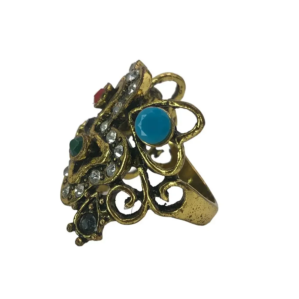 Gold and Multicolor Rhinestone Statement Ring - Size 9